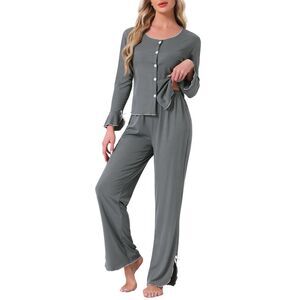 Side Bow Lettuce Trim Blouse and Wide Leg Pant Pajama Set Gray
